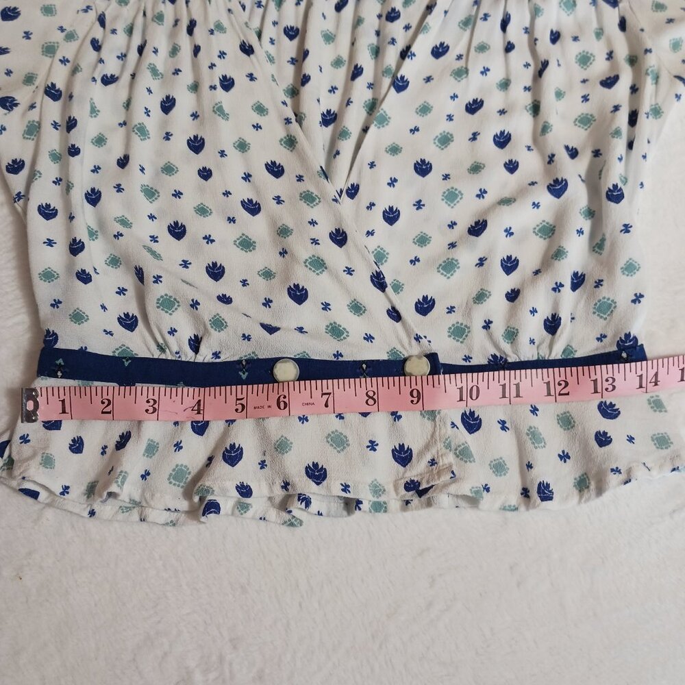 Free People Top, Size S, Wrap Front, Long Sleeve, White/Blue, Smocking, Boho - Picture 12 of 15